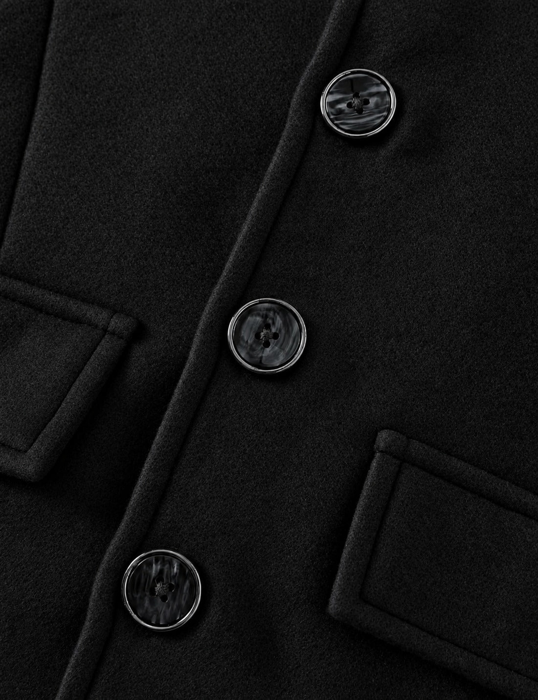 Black coat fabric close-up with round buttons and flap pocket