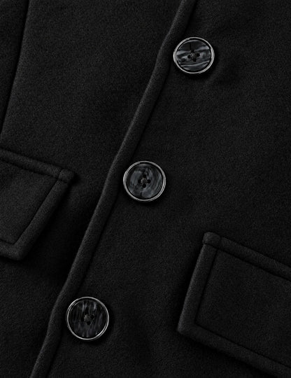 Black coat fabric close-up with round buttons and flap pocket