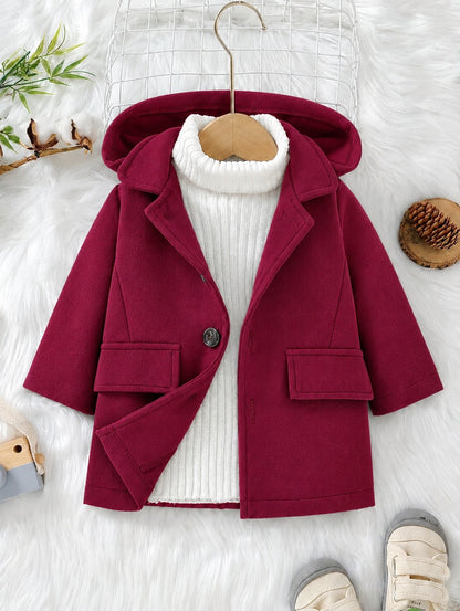 Maroon hooded coat with button front, flap pockets, and folded hood
