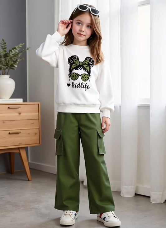 Kids two-piece set: white sweatshirt with butterfly print and olive cargo pants