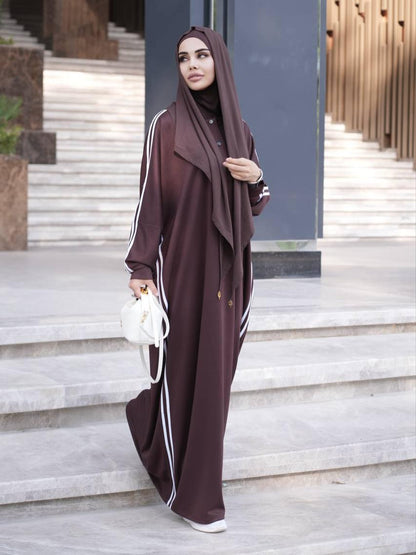Brown abaya dress with white stripe sleeves and draped hijab, long silhouette and button front
