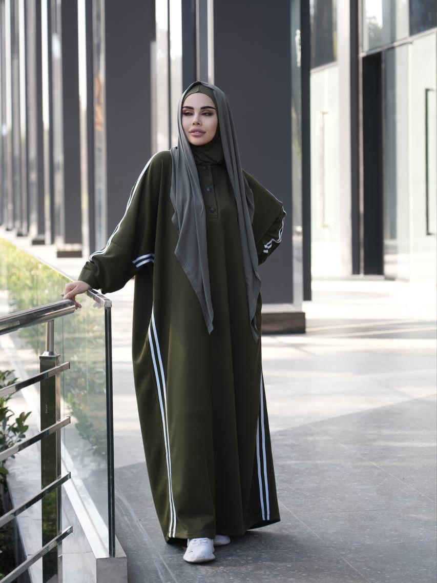 Olive green long abaya with side stripe piping and black hijab, relaxed fit