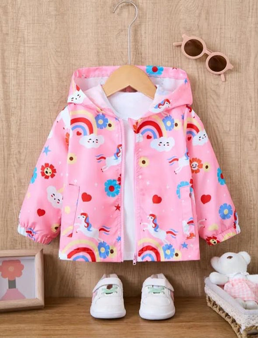 Pink hooded jacket with unicorn rainbow print, front zipper, long sleeves.