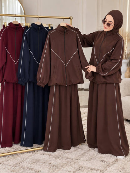 Chic Line maxi dress, brown hooded long sleeves with white piping seams