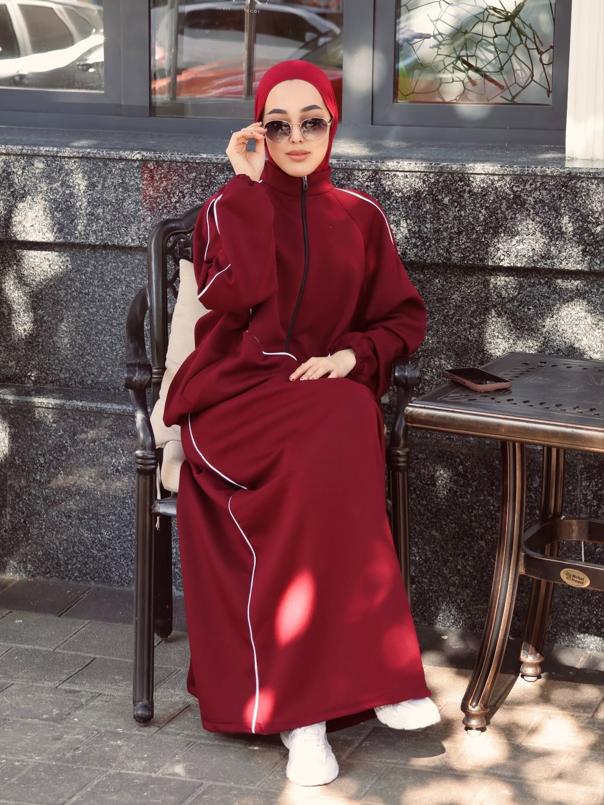 Chic Line maxi dress, maroon hooded long sleeves with white piping accents