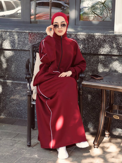 Chic Line maxi dress, maroon hooded long sleeves with white piping accents