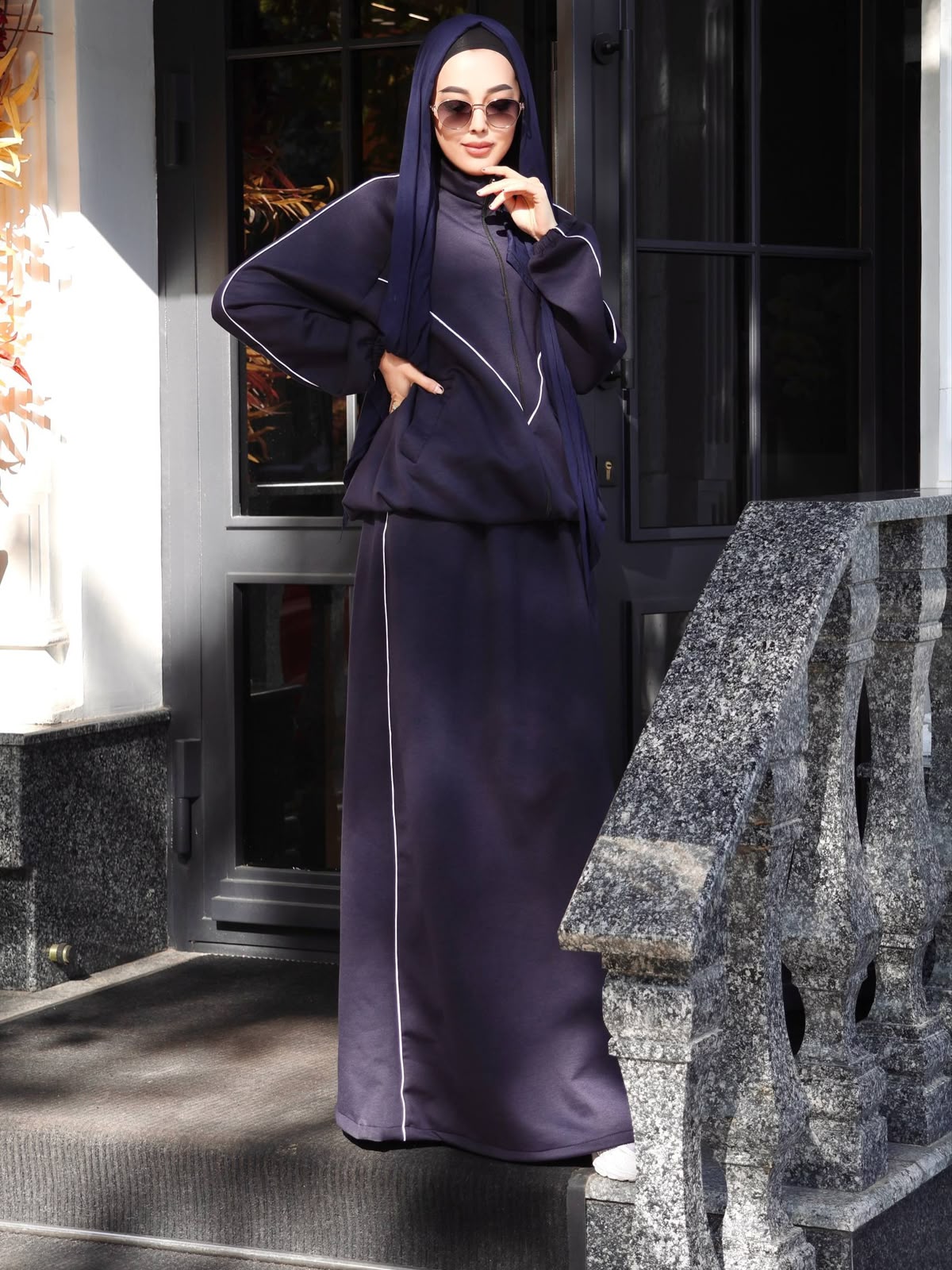 Chic Line maxi dress, navy hooded long sleeves with white piping trim
