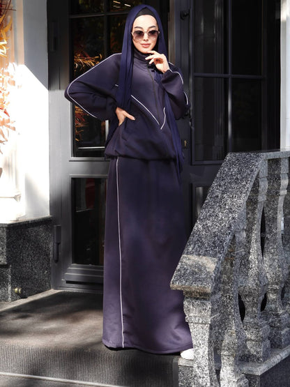 Chic Line maxi dress, navy hooded long sleeves with white piping trim