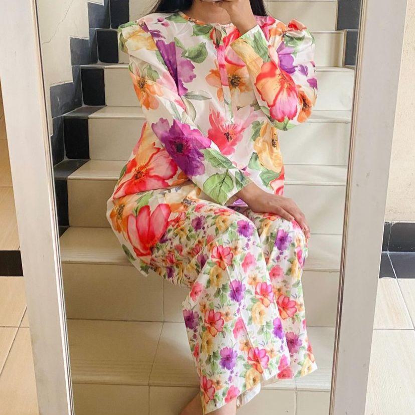 Floral co-ord set with long-sleeve top and flared pants, multicolor flower print