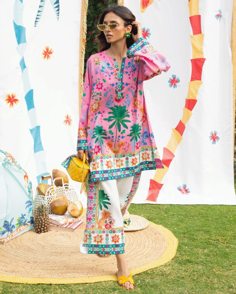 Pink floral summer suit with embroidered neckline, long sleeves, and matching midi pants