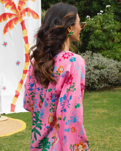 Pink floral printed summer suit with embroidered V-neck kurta and matching cropped pants