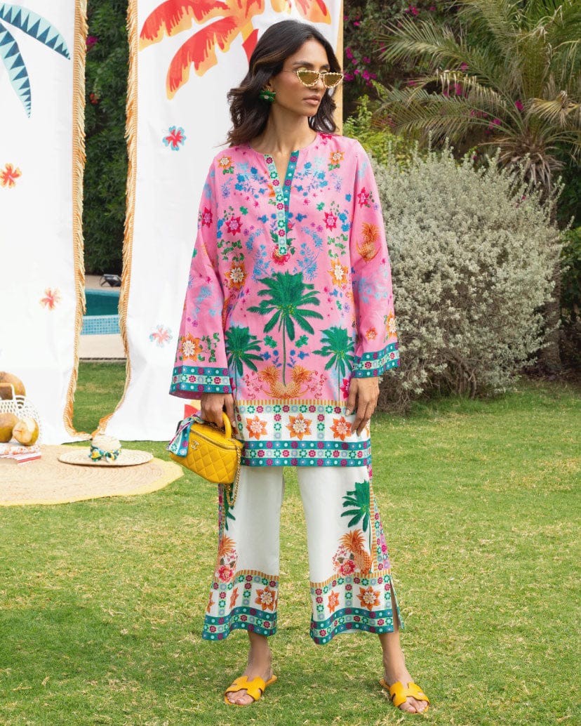 Pink floral embroidered kurta set with green detailing and patterned straight-leg pants