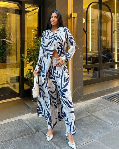 2-piece leaves print co-ord set with open jacket and long skirt, blue-and-white