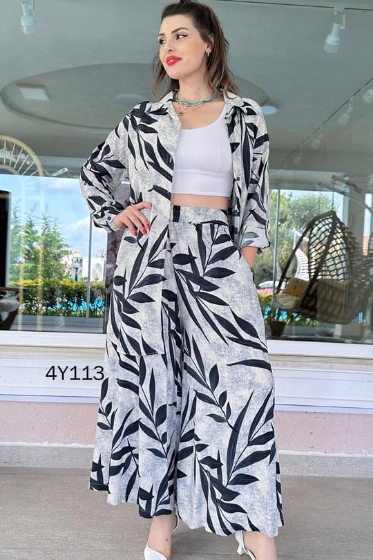 2-piece leaves print co-ord set with open jacket and long skirt, black-and-white