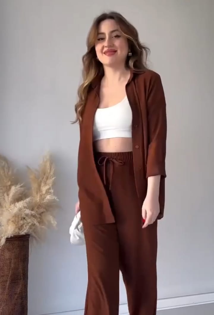 Brown 2-piece button co-ord: short-sleeve shirt and matching drawstring pants.