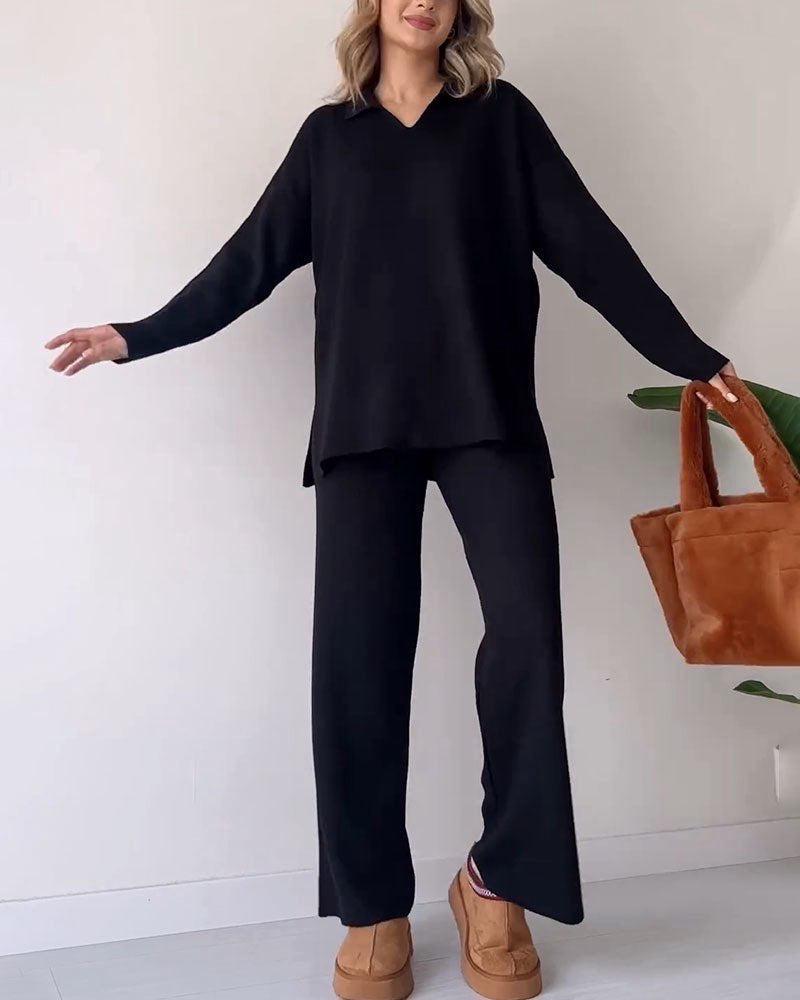 Black two-piece V-neck top and matching wide-leg pants set