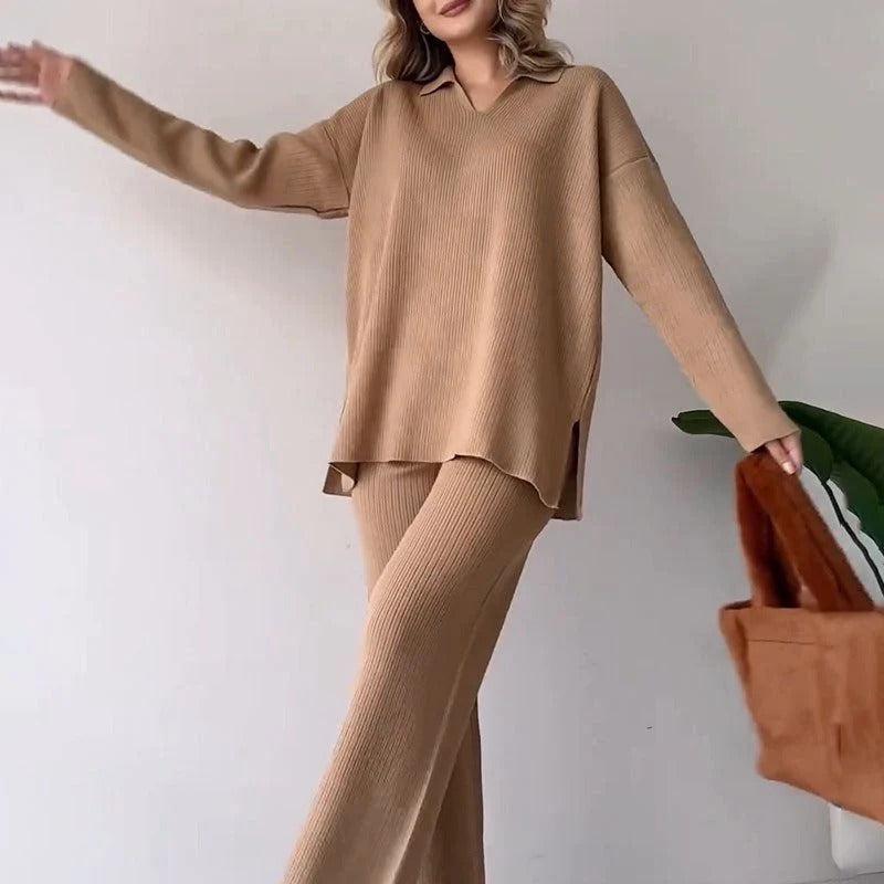 Brown two-piece V-neck top and matching straight-leg pants set