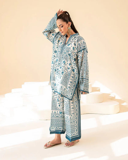 Turquoise mosaic print co-ord set, long tunic top with matching straight trousers