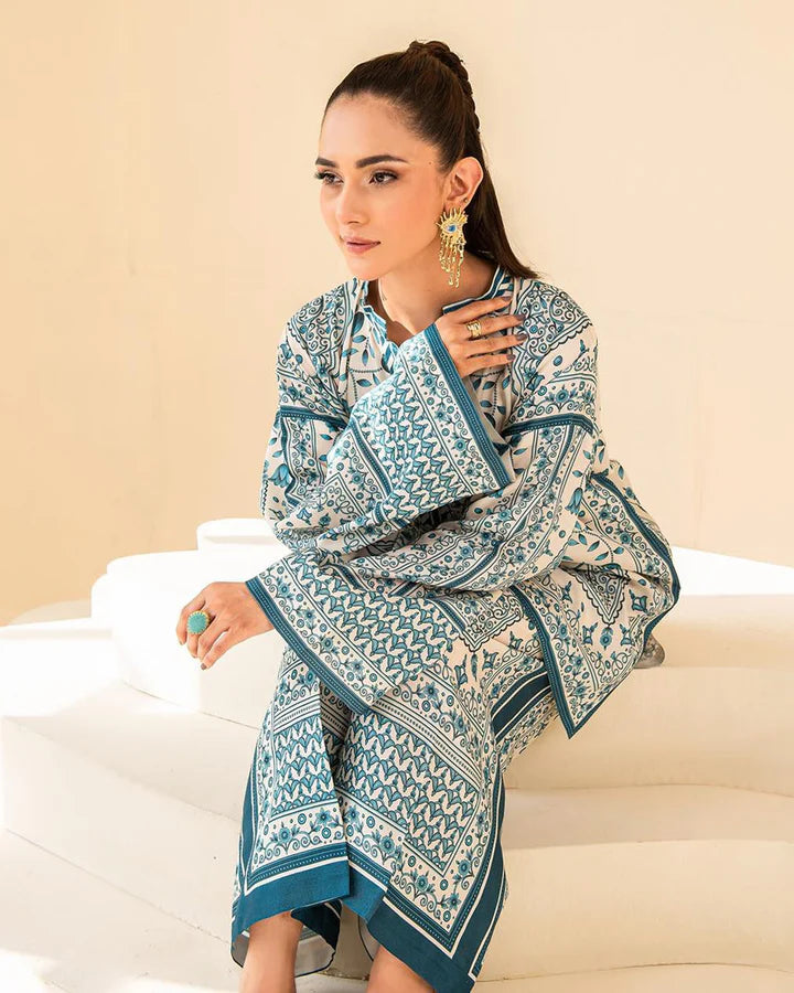 Turquoise mosaic print co-ord set with long sleeves and matching straight pants