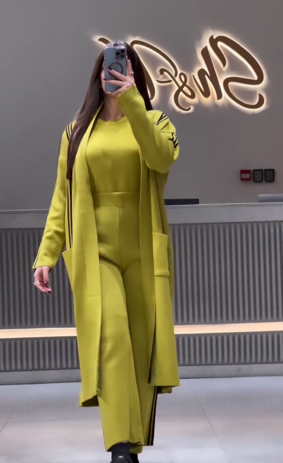 3-piece winter stripe co-ord set in mustard yellow: long jacket, top, trousers.