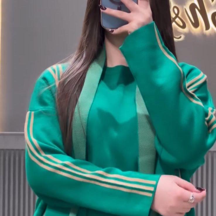 3-piece winter stripe co-ord set in teal green with cream stripes: jacket and matching outfit.