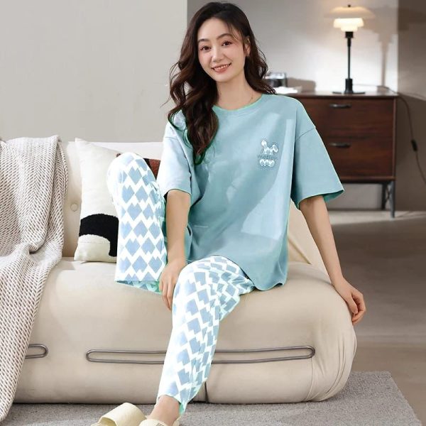 Sky blue printed pajama set with short-sleeve top and matching patterned pants