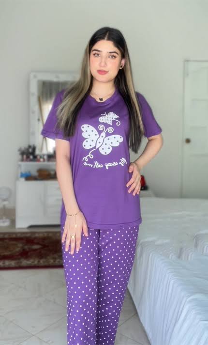 Purple butterfly-printed pajama set, short-sleeve top and long pants with white dots