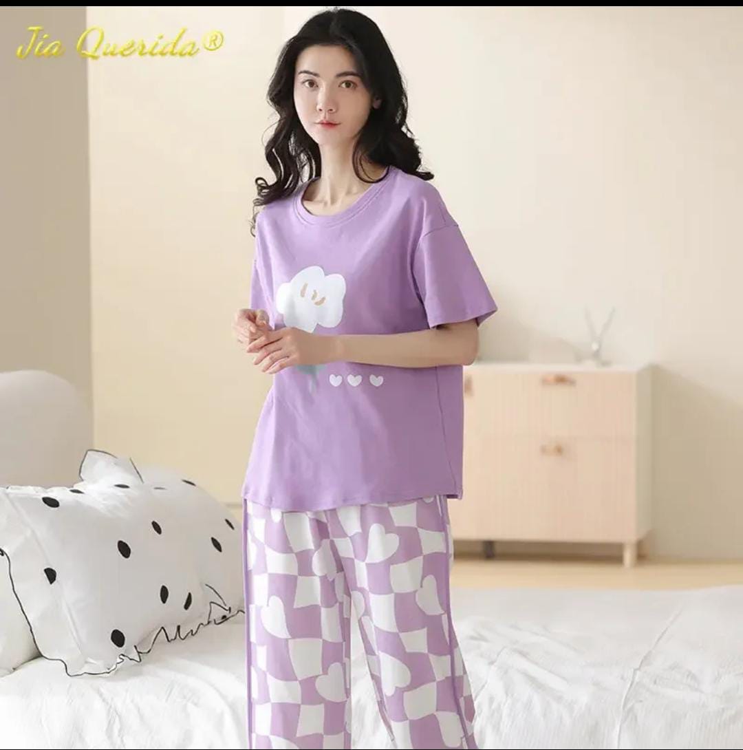 Purple flower printed pajama set, lavender short-sleeve top and floral check pajama pants