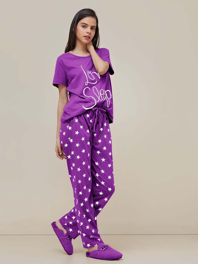 Purple sleep pajama set with graphic T-shirt and star print lounge pants