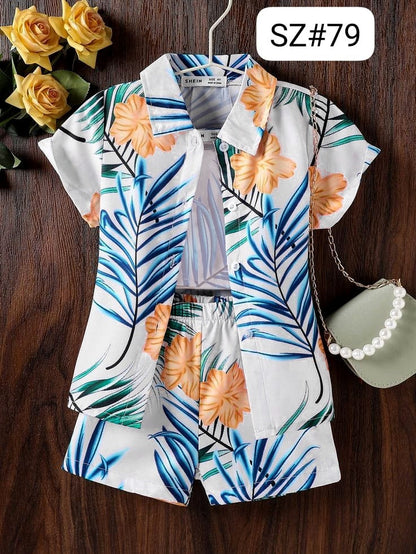Floral printed short-sleeve shirt and shorts set with blue, orange, and green pattern