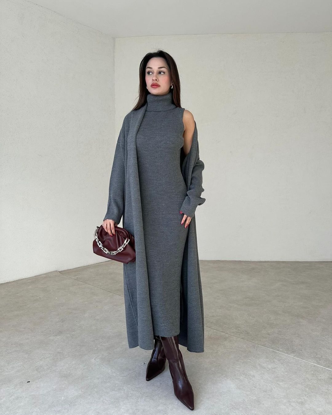 Grey two-piece bodycon gown set with cold-shoulder drape, sleeveless turtleneck