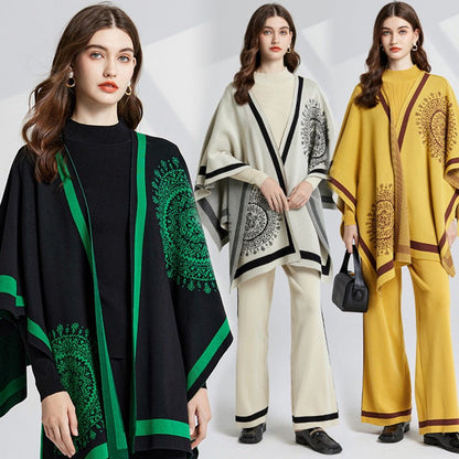 Three-piece cami set worn by models: black-green, cream-green, and yellow options