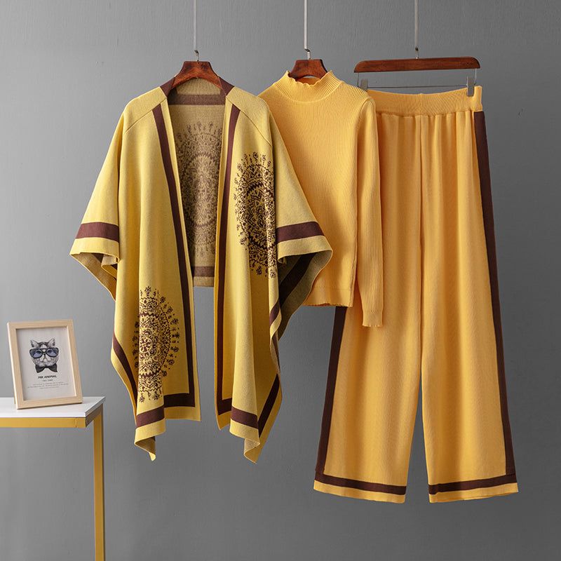 Cami three-piece set: yellow poncho top, cami, and wide-leg pants with dark trim