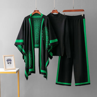 Cami three-piece set: black poncho top, cami, and wide-leg pants with bright green trim