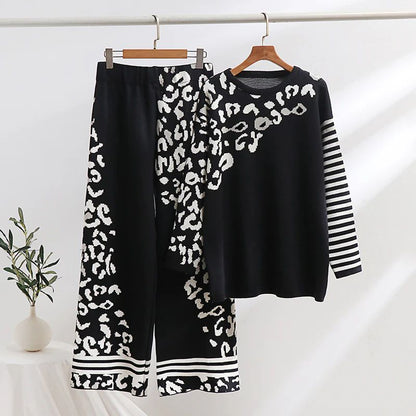 Leopard print woolen set, black long-sleeve top and wide-leg pants