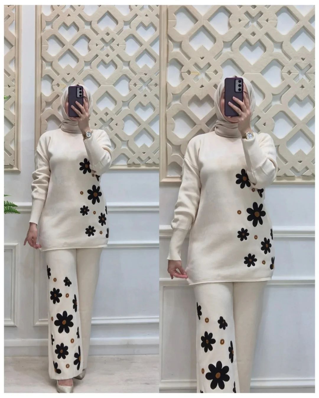 Cream long-sleeve top and matching pants with black daisy floral print