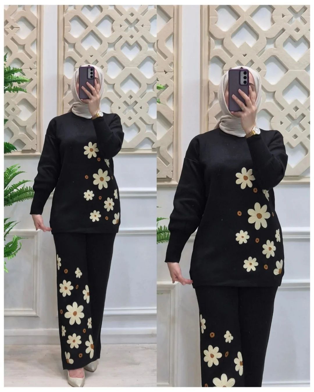 Black long-sleeve top and matching pants with beige daisy flower print