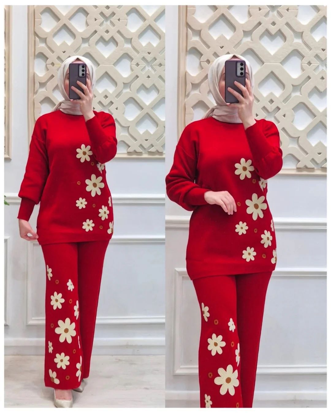 Red long-sleeve top and matching pants with white daisy flower print