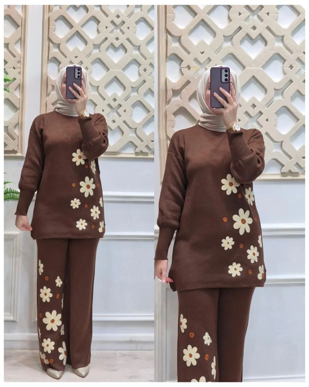 Dark brown long-sleeve tunic and matching wide-leg pants with beige daisy print