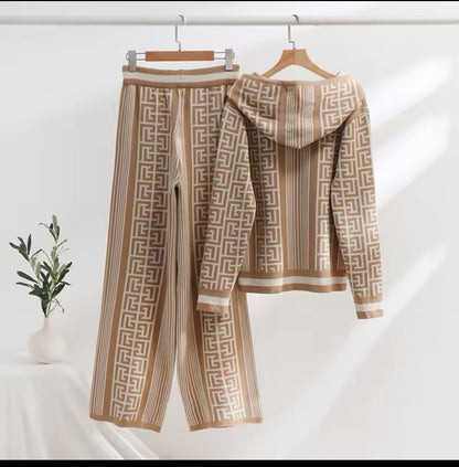 Tan geometric hooded top with matching wide-leg pants set, drawstring hood