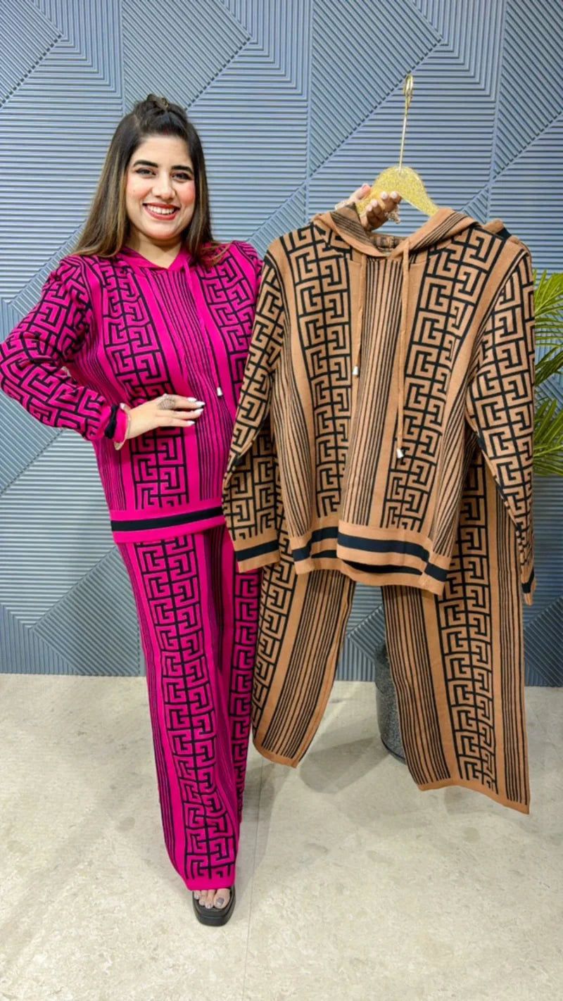 Beige geometric hooded top and wide-leg pants set on hanger