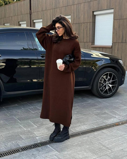 Maroon balloon-sleeve maxi dress, long sleeves, side-slit hem