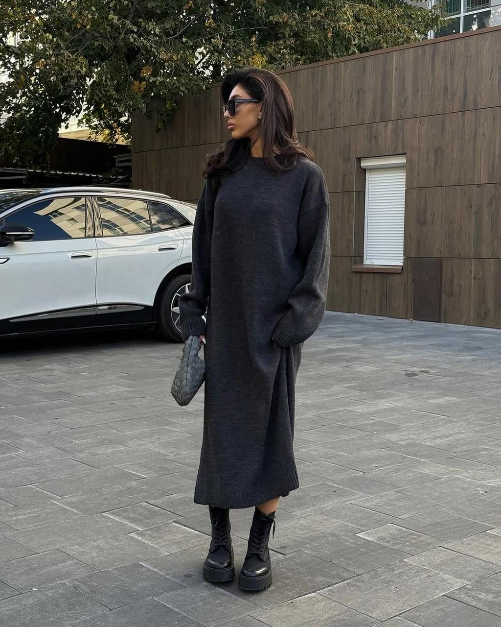 Charcoal gray balloon-sleeve maxi dress with long sleeves and straight skirt