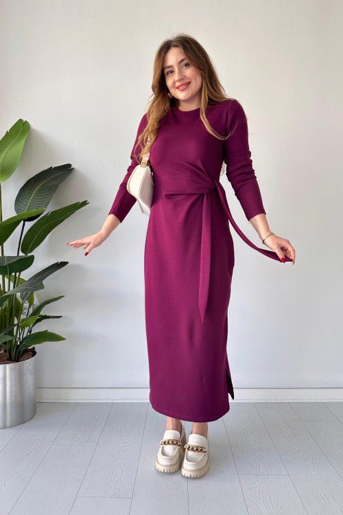Maroon modal tie dress with long sleeves, fitted midi length, and waist tie at front