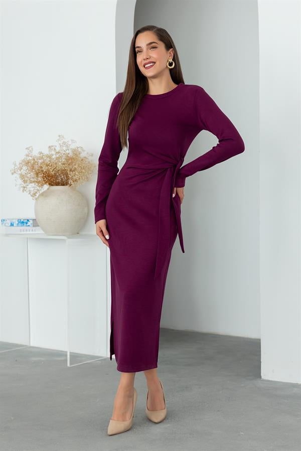 Maroon modal tie dress with long sleeves, fitted midi silhouette, and side tie detail