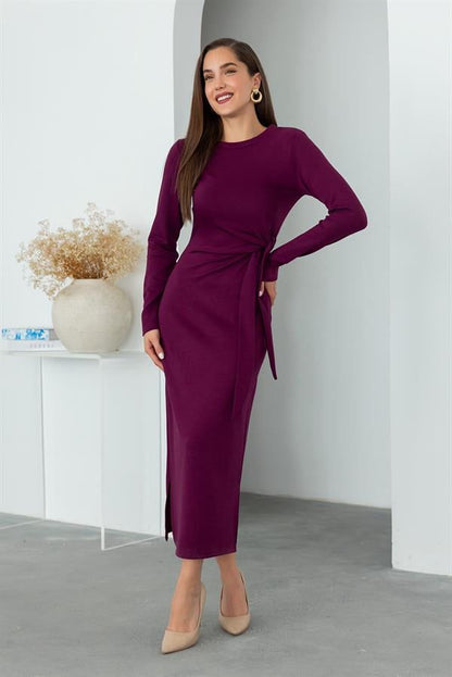 Maroon modal tie dress with long sleeves, fitted midi silhouette, and side tie detail