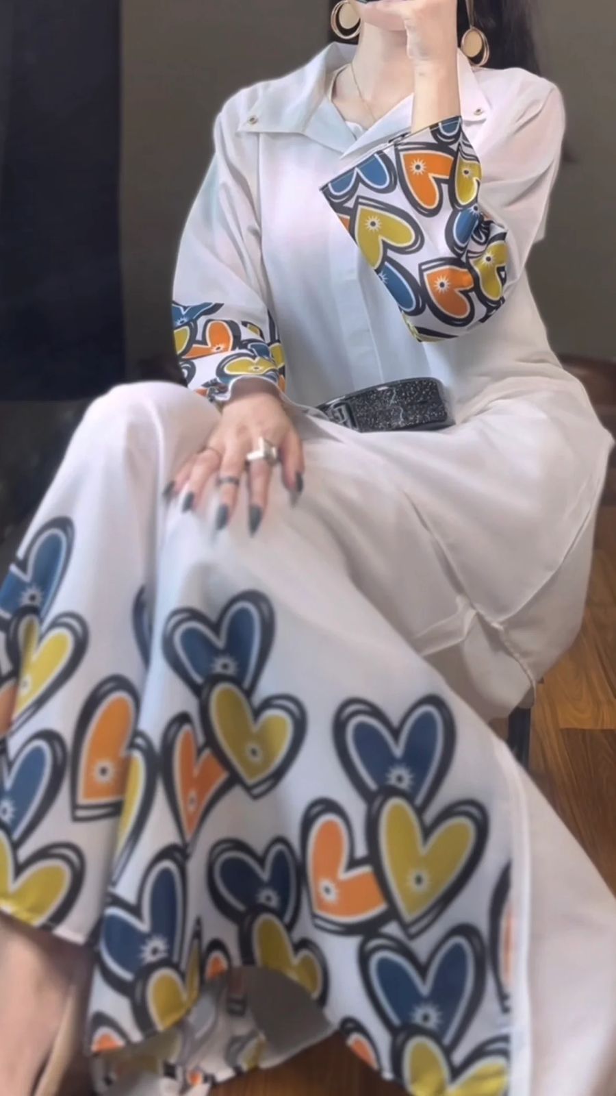 White printed shirt and palazzo set with blue, yellow, orange heart pattern accents