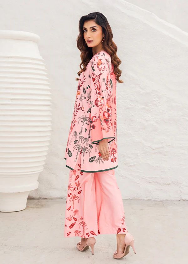 Blush printed tunic with long sleeves and wide-leg pants, matching set