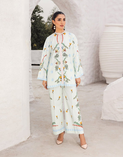 Light blue printed kurta set with matching wide-leg pants, floral embroidery at front