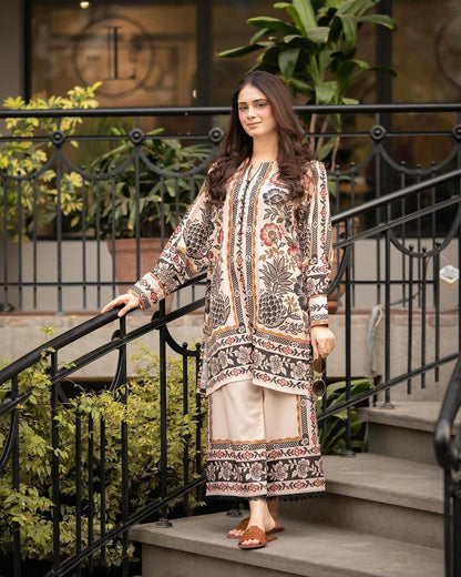 Printed kurta and pants set with vertical panel motifs and decorative border